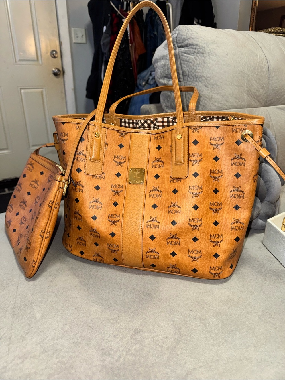 MCM Cognac Visetos Monogram Tote with Detachable Pouch